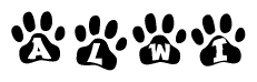 The image shows a row of animal paw prints, each containing a letter. The letters spell out the word Alwi within the paw prints.