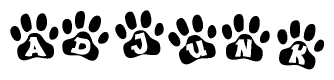 The image shows a series of animal paw prints arranged in a horizontal line. Each paw print contains a letter, and together they spell out the word Adjunk.