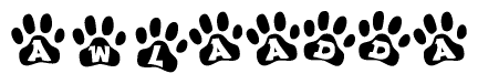The image shows a series of animal paw prints arranged in a horizontal line. Each paw print contains a letter, and together they spell out the word Awlaadda.