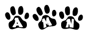 The image shows a series of animal paw prints arranged horizontally. Within each paw print, there's a letter; together they spell Amn