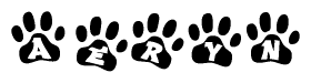 The image shows a series of animal paw prints arranged horizontally. Within each paw print, there's a letter; together they spell Aeryn