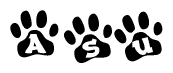 The image shows a series of animal paw prints arranged horizontally. Within each paw print, there's a letter; together they spell Asu