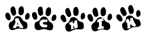 The image shows a series of animal paw prints arranged in a horizontal line. Each paw print contains a letter, and together they spell out the word Achim.