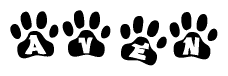 The image shows a series of animal paw prints arranged in a horizontal line. Each paw print contains a letter, and together they spell out the word Aven.