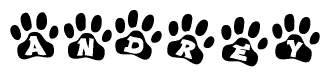 The image shows a row of animal paw prints, each containing a letter. The letters spell out the word Andrey within the paw prints.