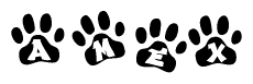 The image shows a row of animal paw prints, each containing a letter. The letters spell out the word Amex within the paw prints.