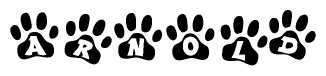 The image shows a series of animal paw prints arranged horizontally. Within each paw print, there's a letter; together they spell Arnold