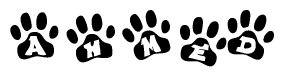 The image shows a row of animal paw prints, each containing a letter. The letters spell out the word Ahmed within the paw prints.