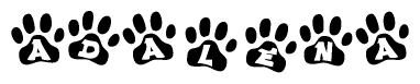 The image shows a series of animal paw prints arranged horizontally. Within each paw print, there's a letter; together they spell Adalena