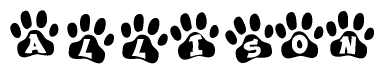 The image shows a row of animal paw prints, each containing a letter. The letters spell out the word Allison within the paw prints.