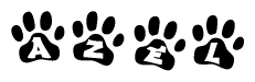 The image shows a series of animal paw prints arranged horizontally. Within each paw print, there's a letter; together they spell Azel
