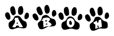 The image shows a row of animal paw prints, each containing a letter. The letters spell out the word Aboh within the paw prints.