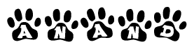 The image shows a series of animal paw prints arranged in a horizontal line. Each paw print contains a letter, and together they spell out the word Anand.