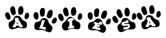 The image shows a series of animal paw prints arranged in a horizontal line. Each paw print contains a letter, and together they spell out the word Aliesa.