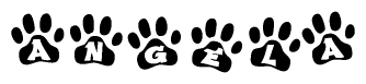 The image shows a series of animal paw prints arranged horizontally. Within each paw print, there's a letter; together they spell Angela