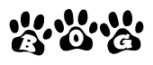 The image shows a series of animal paw prints arranged horizontally. Within each paw print, there's a letter; together they spell Bog