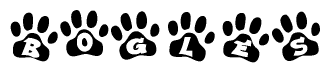 The image shows a series of animal paw prints arranged in a horizontal line. Each paw print contains a letter, and together they spell out the word Bogles.