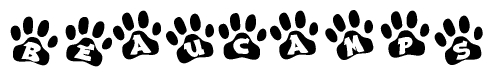 The image shows a row of animal paw prints, each containing a letter. The letters spell out the word Beaucamps within the paw prints.