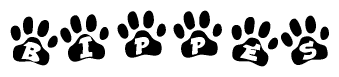 The image shows a series of animal paw prints arranged in a horizontal line. Each paw print contains a letter, and together they spell out the word Bippes.
