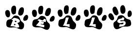 The image shows a series of animal paw prints arranged in a horizontal line. Each paw print contains a letter, and together they spell out the word Bells.