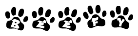 The image shows a series of animal paw prints arranged in a horizontal line. Each paw print contains a letter, and together they spell out the word Beefy.
