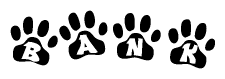 The image shows a series of animal paw prints arranged in a horizontal line. Each paw print contains a letter, and together they spell out the word Bank.