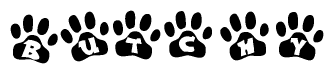 The image shows a series of animal paw prints arranged horizontally. Within each paw print, there's a letter; together they spell Butchy