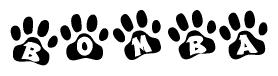 The image shows a row of animal paw prints, each containing a letter. The letters spell out the word Bomba within the paw prints.