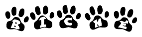 The image shows a series of animal paw prints arranged horizontally. Within each paw print, there's a letter; together they spell Biche