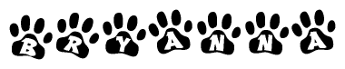 The image shows a row of animal paw prints, each containing a letter. The letters spell out the word Bryanna within the paw prints.