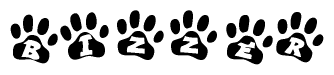 The image shows a series of animal paw prints arranged horizontally. Within each paw print, there's a letter; together they spell Bizzer