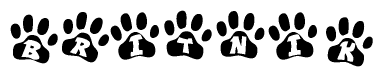 The image shows a series of animal paw prints arranged horizontally. Within each paw print, there's a letter; together they spell Britnik