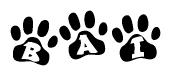The image shows a row of animal paw prints, each containing a letter. The letters spell out the word Bai within the paw prints.