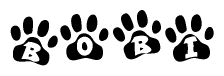The image shows a series of animal paw prints arranged horizontally. Within each paw print, there's a letter; together they spell Bobi