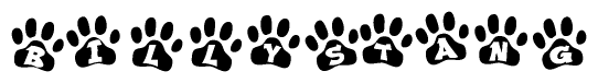 The image shows a series of animal paw prints arranged in a horizontal line. Each paw print contains a letter, and together they spell out the word Billystang.