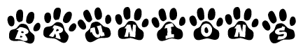 The image shows a row of animal paw prints, each containing a letter. The letters spell out the word Brunions within the paw prints.