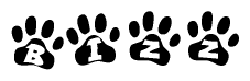 The image shows a series of animal paw prints arranged in a horizontal line. Each paw print contains a letter, and together they spell out the word Bizz.