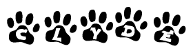 The image shows a series of animal paw prints arranged in a horizontal line. Each paw print contains a letter, and together they spell out the word Clyde.