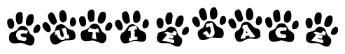 The image shows a row of animal paw prints, each containing a letter. The letters spell out the word Cutiejace within the paw prints.