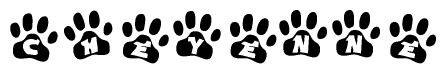 The image shows a series of animal paw prints arranged horizontally. Within each paw print, there's a letter; together they spell Cheyenne
