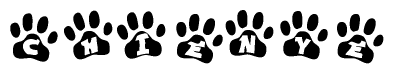 The image shows a series of animal paw prints arranged in a horizontal line. Each paw print contains a letter, and together they spell out the word Chienye.