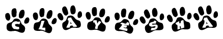 The image shows a series of animal paw prints arranged in a horizontal line. Each paw print contains a letter, and together they spell out the word Clayesha.
