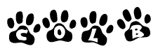 The image shows a row of animal paw prints, each containing a letter. The letters spell out the word Colb within the paw prints.