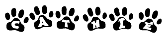 The image shows a series of animal paw prints arranged horizontally. Within each paw print, there's a letter; together they spell Cathie