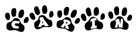 The image shows a row of animal paw prints, each containing a letter. The letters spell out the word Carin within the paw prints.