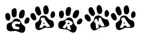 The image shows a row of animal paw prints, each containing a letter. The letters spell out the word Carma within the paw prints.