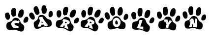 The image shows a series of animal paw prints arranged in a horizontal line. Each paw print contains a letter, and together they spell out the word Carrolyn.