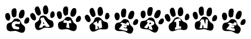 The image shows a series of animal paw prints arranged in a horizontal line. Each paw print contains a letter, and together they spell out the word Catherine.