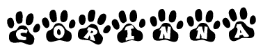 The image shows a series of animal paw prints arranged in a horizontal line. Each paw print contains a letter, and together they spell out the word Corinna.