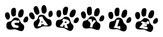 The image shows a series of animal paw prints arranged in a horizontal line. Each paw print contains a letter, and together they spell out the word Caryle.